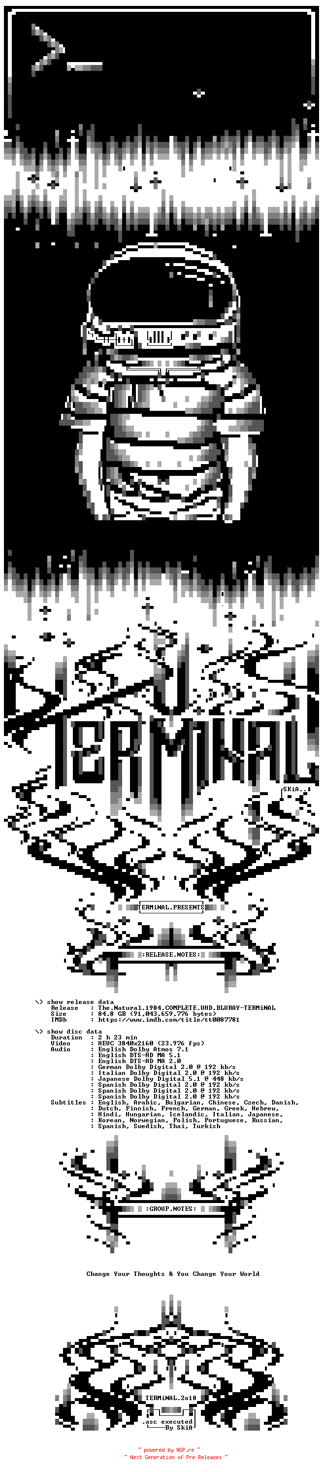 NFO for the release The.Natural.1984.COMPLETE.UHD.BLURAY-TERMiNAL by TERMiNAL