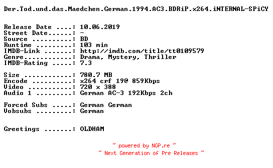 NFO for the release Der.Tod.und.das.Maedchen.German.1994.AC3.BDRiP.x264.iNTERNAL-SPiCY by SPiCY