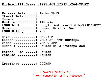 NFO for the release Richard.III.German.1995.AC3.BDRiP.x264-SPiCY by SPiCY