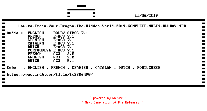 NFO for the release How.to.Train.Your.Dragon.The.Hidden.World.2019.COMPLETE.MULTi.BLURAY-4FR by 4FR