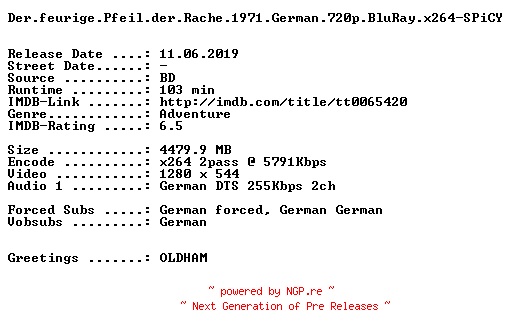NFO for the release Der.feurige.Pfeil.der.Rache.1971.German.720p.BluRay.x264-SPiCY by SPiCY