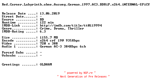 NFO for the release Red.Corner.Labyrinth.ohne.Ausweg.German.1997.AC3.BDRiP.x264.iNTERNAL-SPiCY by SPiCY