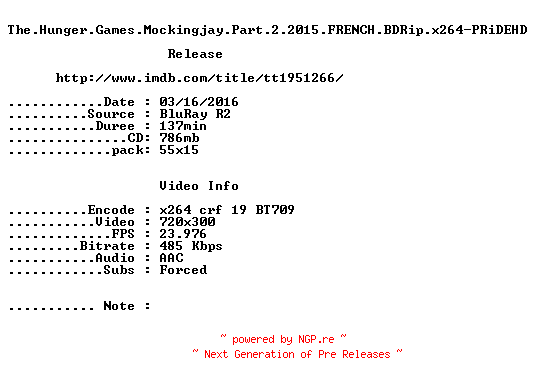 NFO for the release The.Hunger.Games.Mockingjay.Part.2.2015.FRENCH.BDRip.x264-PRiDEHD by PRiDEHD