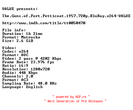 NFO for the release The.Guns.of.Fort.Petticoat.1957.720p.BluRay.x264-VALUE by VALUE