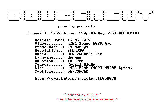 NFO for the release Alphaville.1965.German.720p.BluRay.x264-DOUCEMENT by DOUCEMENT
