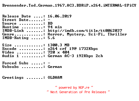 NFO for the release Brennender.Tod.German.1967.AC3.BDRiP.x264.iNTERNAL-SPiCY by SPiCY