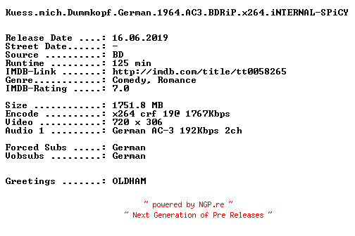 NFO for the release Kuess.mich.Dummkopf.German.1964.AC3.BDRiP.x264.iNTERNAL-SPiCY by SPiCY
