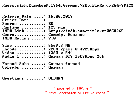 NFO for the release Kuess.mich.Dummkopf.1964.German.720p.BluRay.x264-SPiCY by SPiCY