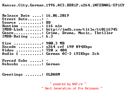 NFO for the release Kansas.City.German.1996.AC3.BDRiP.x264.iNTERNAL-SPiCY by SPiCY