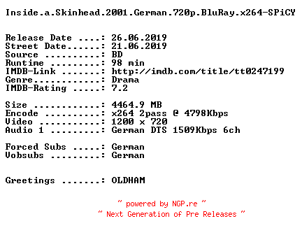 NFO for the release Inside.a.Skinhead.2001.German.720p.BluRay.x264-SPiCY by SPiCY
