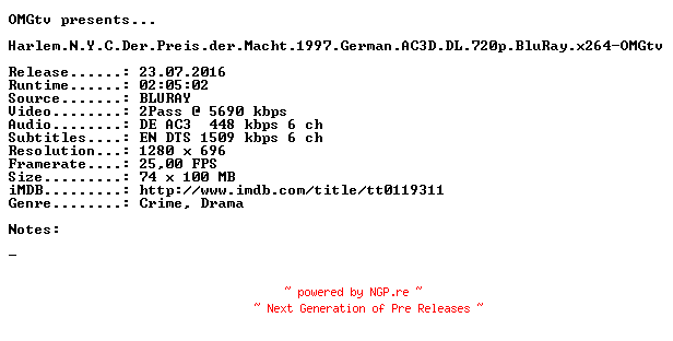 NFO for the release Harlem.N.Y.C.Der.Preis.der.Macht.1997.German.AC3D.DL.720p.BluRay.x264-OMGtv by OMGtv