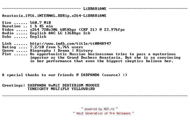 NFO for the release Anastasia.1956.iNTERNAL.BDRip.x264-LiBRARiANS by LiBRARiANS