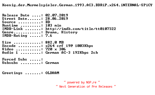 NFO for the release Koenig.der.Murmelspieler.German.1993.AC3.BDRiP.x264.iNTERNAL-SPiCY by SPiCY