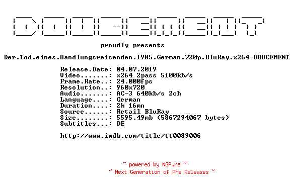 NFO for the release Der.Tod.eines.Handlungsreisenden.1985.German.720p.BluRay.x264-DOUCEMENT by DOUCEMENT