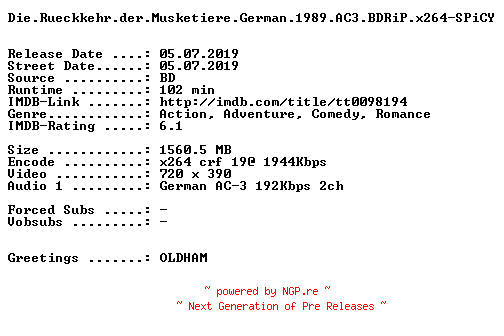 NFO for the release Die.Rueckkehr.der.Musketiere.German.1989.AC3.BDRiP.x264-SPiCY by SPiCY
