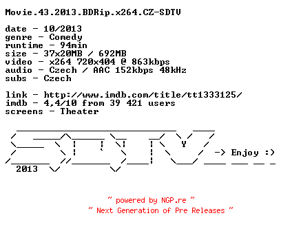 NFO for the release Movie.43.2013.BDRip.x264.CZ-SDTV by SDTV