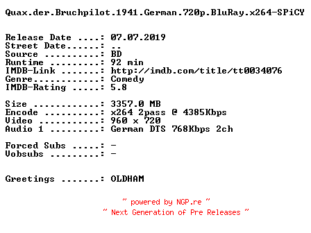 NFO for the release Quax.der.Bruchpilot.1941.German.720p.BluRay.x264-SPiCY by SPiCY
