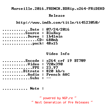 NFO for the release Marseille.2016.FRENCH.BDRip.x264-PRiDEHD by PRiDEHD