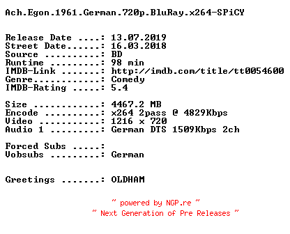 NFO for the release Ach.Egon.1961.German.720p.BluRay.x264-SPiCY by SPiCY