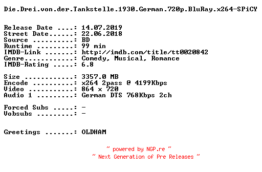 NFO for the release Die.Drei.von.der.Tankstelle.1930.German.720p.BluRay.x264-SPiCY by SPiCY