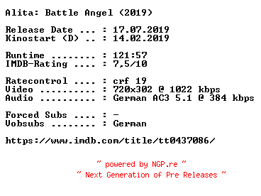 NFO for the release Alita.Battle.Angel.German.2019.AC3.BDRip.x264-COiNCiDENCE by COiNCiDENCE