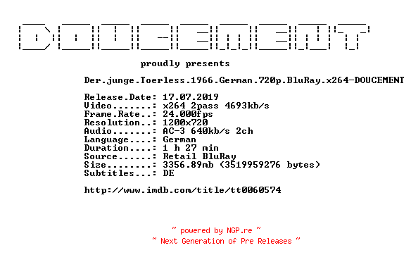 NFO for the release Der.junge.Toerless.1966.German.720p.BluRay.x264-DOUCEMENT by DOUCEMENT