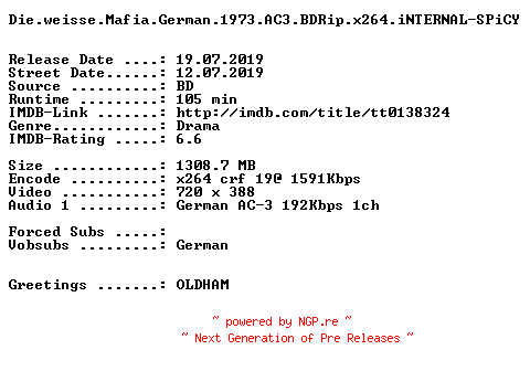 NFO for the release Die.weisse.Mafia.German.1973.AC3.BDRip.x264.iNTERNAL-SPiCY by SPiCY