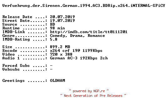 NFO for the release Verfuehrung.der.Sirenen.German.1994.AC3.BDRip.x264.iNTERNAL-SPiCY by SPiCY