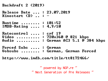 NFO for the release Backdraft.2.German.2019.AC3.BDRip.x264-COiNCiDENCE by COiNCiDENCE