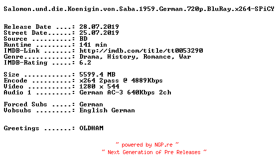 NFO for the release Salomon.und.die.Koenigin.von.Saba.1959.German.720p.BluRay.x264-SPiCY by SPiCY