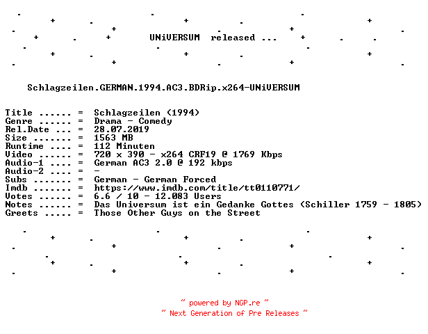 NFO for the release Schlagzeilen.GERMAN.1994.AC3.BDRip.x264-UNiVERSUM by UNiVERSUM