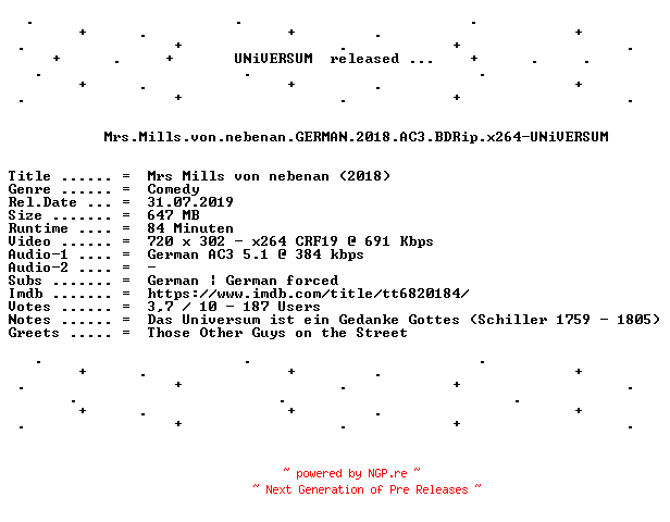 NFO for the release Mrs.Mills.von.nebenan.GERMAN.2018.AC3.BDRip.x264-UNiVERSUM by UNiVERSUM