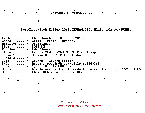 NFO for the release The.Clovehitch.Killer.2018.GERMAN.720p.BluRay.x264-UNiVERSUM by UNiVERSUM