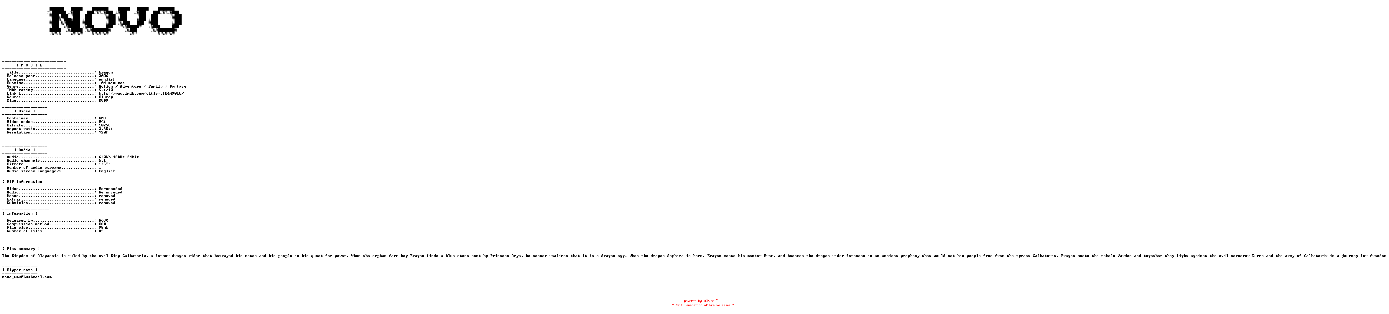 NFO for the release Eragon.2006.Bluray.VC1.720P.5.1.WMV-NOVO by NOVO