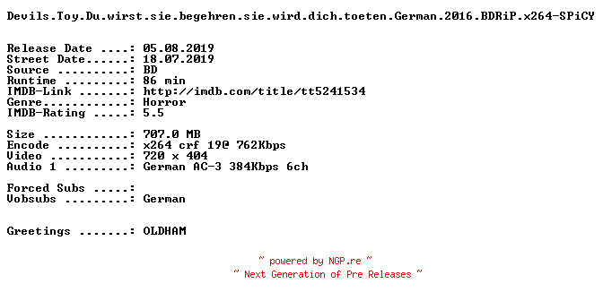 NFO for the release Devils.Toy.Du.wirst.sie.begehren.sie.wird.dich.toeten.German.2016.BDRiP.x264-SPiCY by SPiCY
