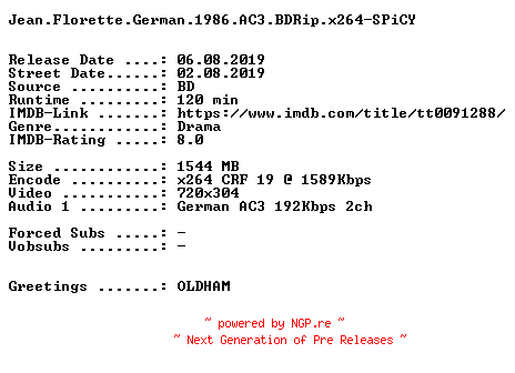 NFO for the release Jean.Florette.German.1986.AC3.BDRip.x264.iNTERNAL-SPiCY by SPiCY