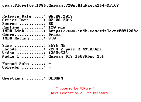 NFO for the release Jean.Florette.1986.German.720p.BluRay.x264-SPiCY by SPiCY
