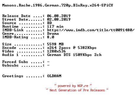 NFO for the release Manons.Rache.1986.German.720p.BluRay.x264-SPiCY by SPiCY