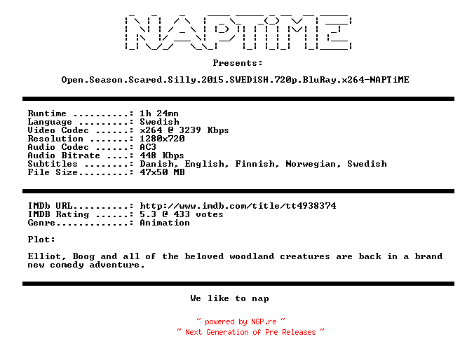 NFO for the release Open.Season.Scared.Silly.2015.SWEDiSH.720p.BluRay.x264-NAPTiME by NAPTiME