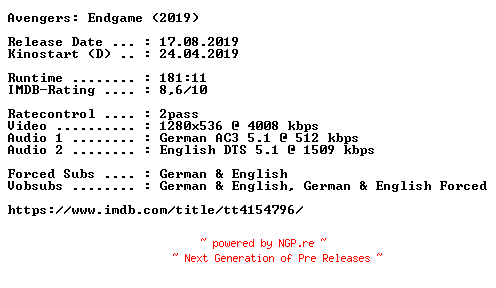 NFO for the release Avengers.Endgame.2019.German.DL.720p.BluRay.x264-COiNCiDENCE by COiNCiDENCE