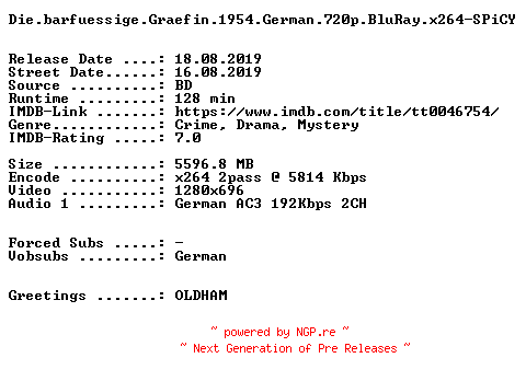 NFO for the release Die.barfuessige.Graefin.1954.German.720p.BluRay.x264-SPiCY by SPiCY