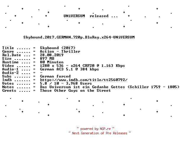 NFO for the release Skybound.2017.GERMAN.720p.BluRay.x264-UNiVERSUM by UNiVERSUM