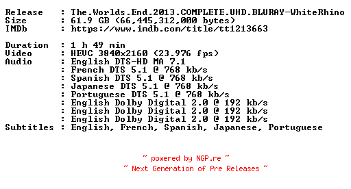 NFO for the release The.Worlds.End.2013.COMPLETE.UHD.BLURAY-WhiteRhino by WhiteRhino