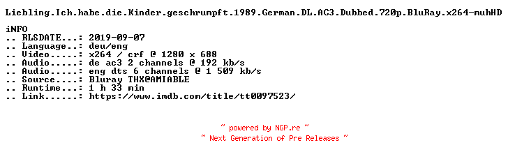 NFO for the release Liebling.Ich.habe.die.Kinder.geschrumpft.1989.German.DL.AC3.Dubbed.720p.BluRay.x264-muhHD by muhHD