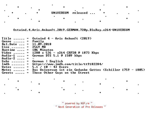 NFO for the release Ostwind.4.Aris.Ankunft.2019.GERMAN.720p.BluRay.x264-UNiVERSUM by UNiVERSUM