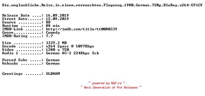 NFO for the release Die.unglaubliche.Reise.in.einem.verrueckten.Flugzeug.1980.German.720p.BluRay.x264-SPiCY by SPiCY
