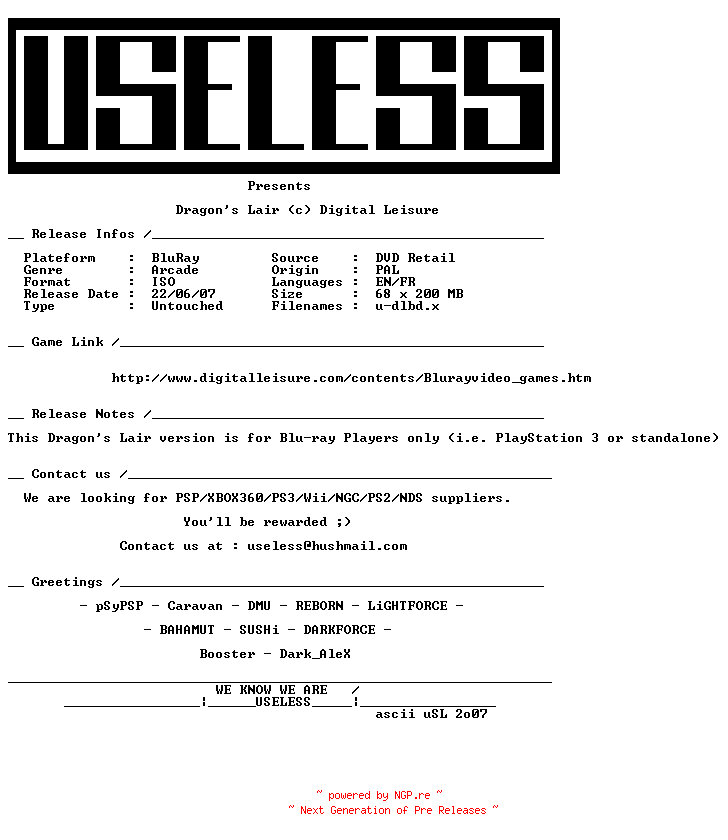 NFO for the release Dragon.s.Lair.MULTi.BLURAY-USELESS by USELESS
