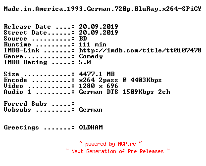 NFO for the release Made.in.America.1993.German.720p.BluRay.x264-SPiCY by SPiCY
