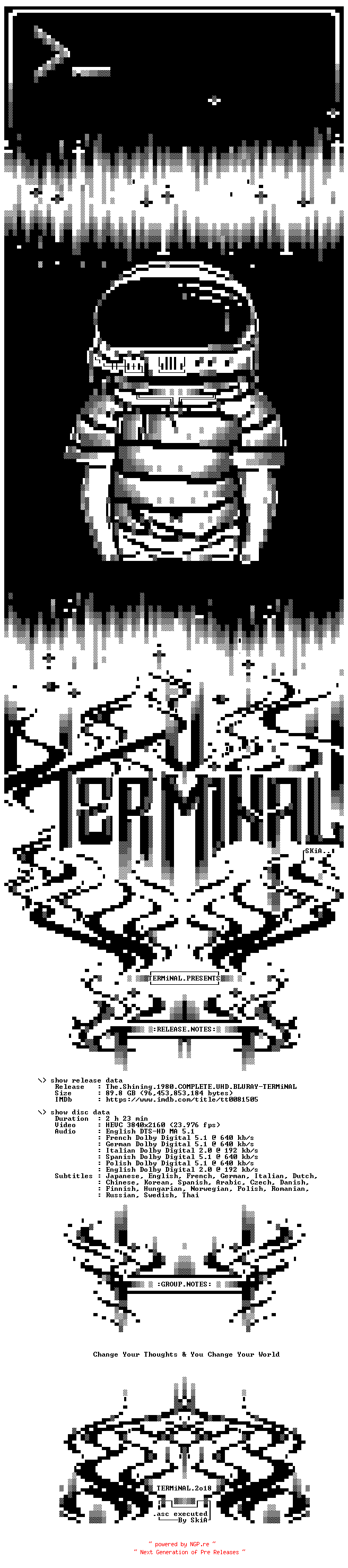 NFO for the release The.Shining.1980.COMPLETE.UHD.BLURAY-TERMiNAL by TERMiNAL