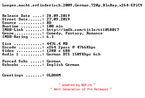 NFO for the release Luegen.macht.erfinderisch.2009.German.720p.BluRay.x264-SPiCY by SPiCY